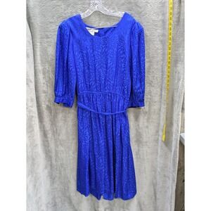 Vintage Silk‎ Dress Women's 12 Royal Blue Floral Belted Classic